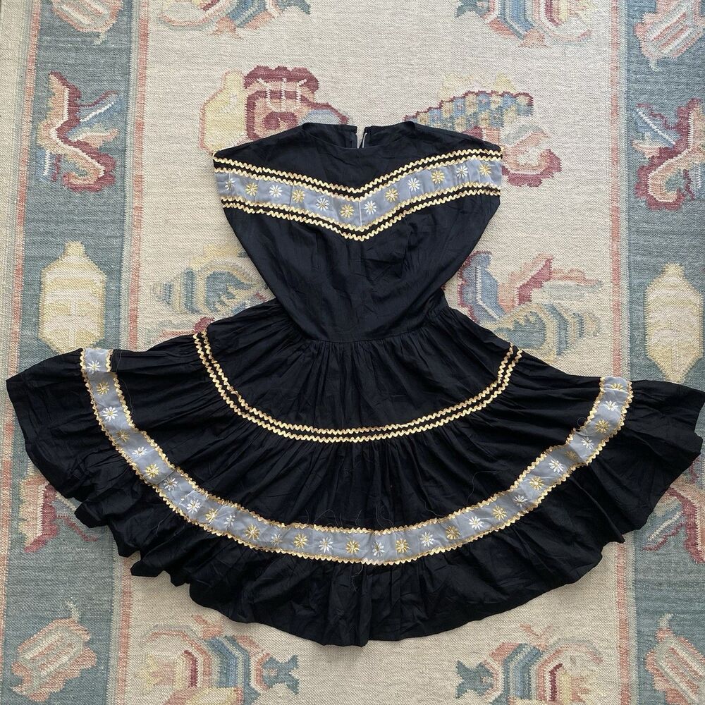 Vintage 60s Bettina of Miami Black Dress Gold Metallic Daisy Square Dance